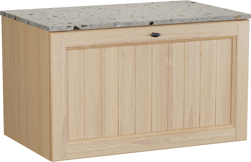 Balmani Lemon hängendes Möbelstück Set: 90 x 55 cm, Naturbelassene Eiche Furnier, mit Stretto Einzel Waschtischplatte, Terrazzo in Greige