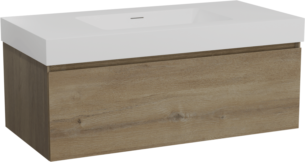 Storke Edge zwevend badmeubel 105 x 52 cm ruw eiken met Mata High enkele wastafel in solid surface mat wit