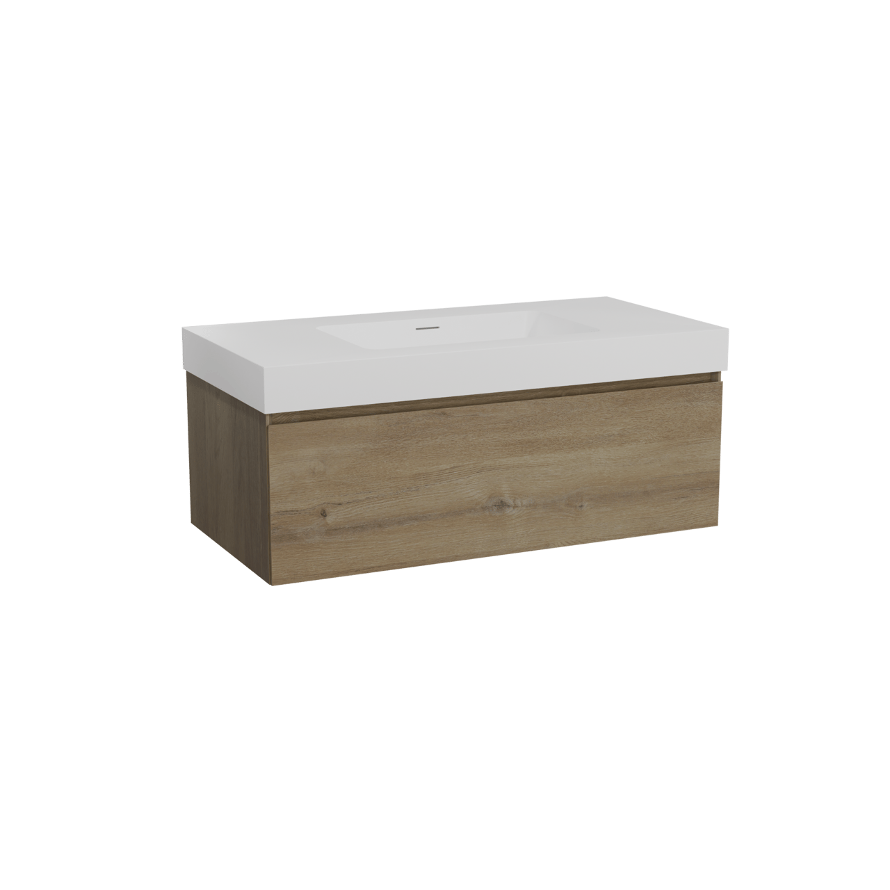 Storke Edge zwevend badkamermeubel 105 x 52 cm ruwe eik met Mata High enkele wastafel in solid surface mat wit