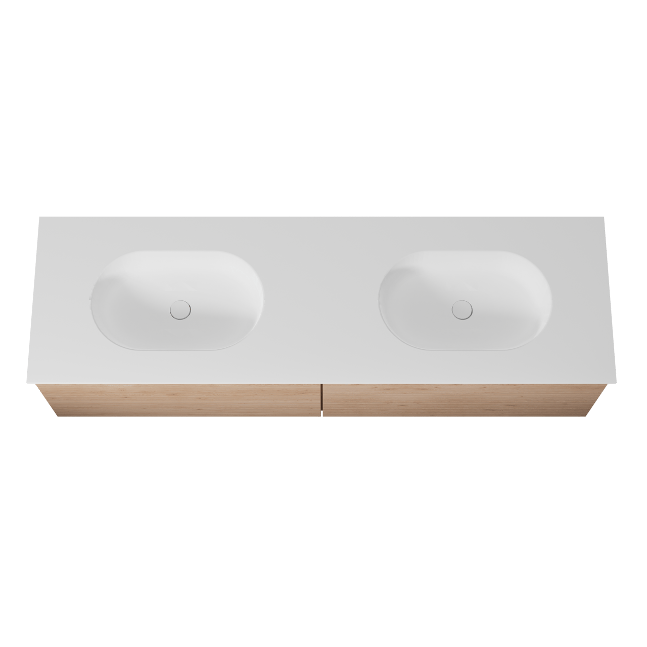 Balmani Forma zwevend badmeubel 180 x 55 cm naturel eiken met Tablo Oval dubbele wastafel in solid surface mat wit, Horizontale symmetrische rechte ribbel
