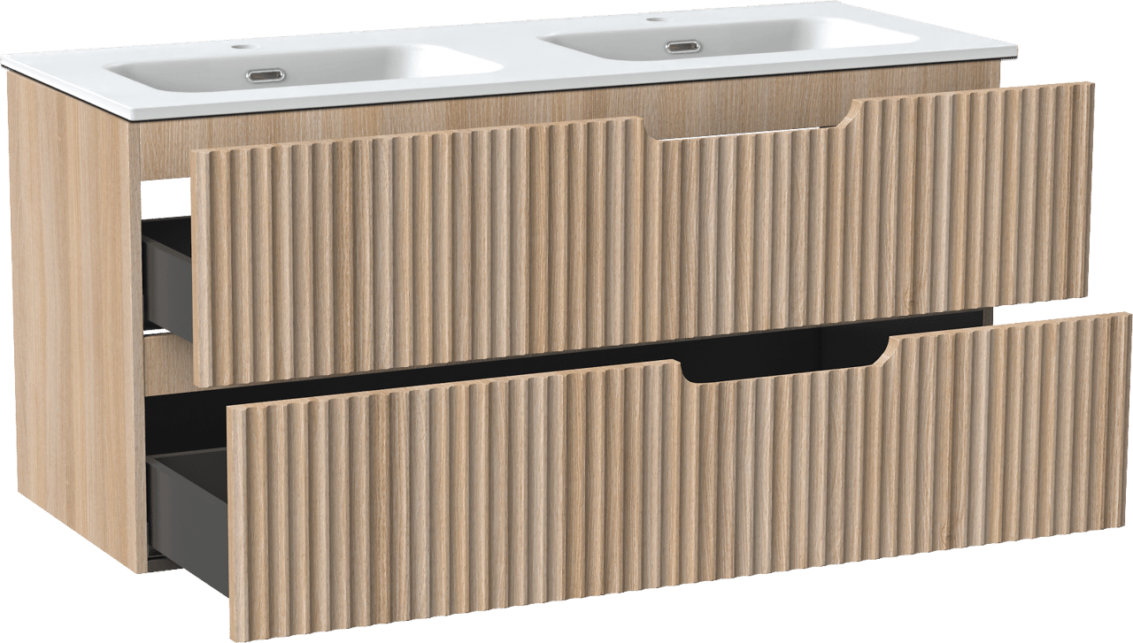 Linie Ribbo zwevend badkamermeubel 120 x 46 cm lichte eik met Baro dubbele wastafel in porselein mat wit, Verticale symmetrische ronde ribbel