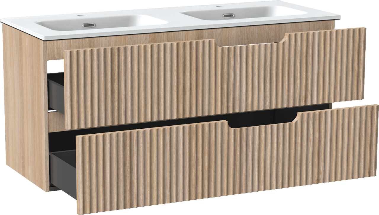 Linie Ribbo hängendes Möbelstück Set: 120 x 46 cm, Helle Eiche, mit Baro Doppelwaschtisch, Porzellan, Weiß matt, Vertikale symmetrische runde Rippe