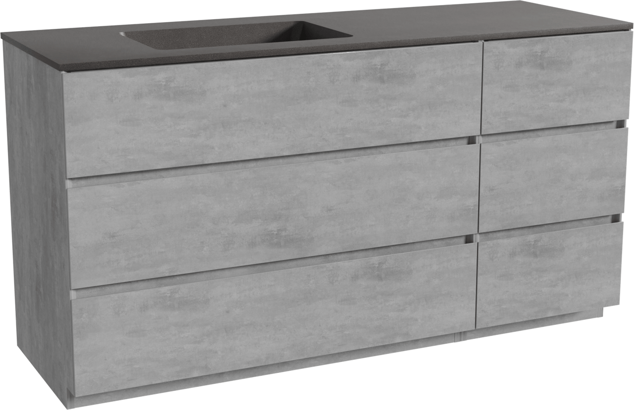 Storke Edge staand badmeubel 150 x 52 cm beton donkergrijs met Scuro asymmetrisch linkse wastafel in kwarts mat zwart