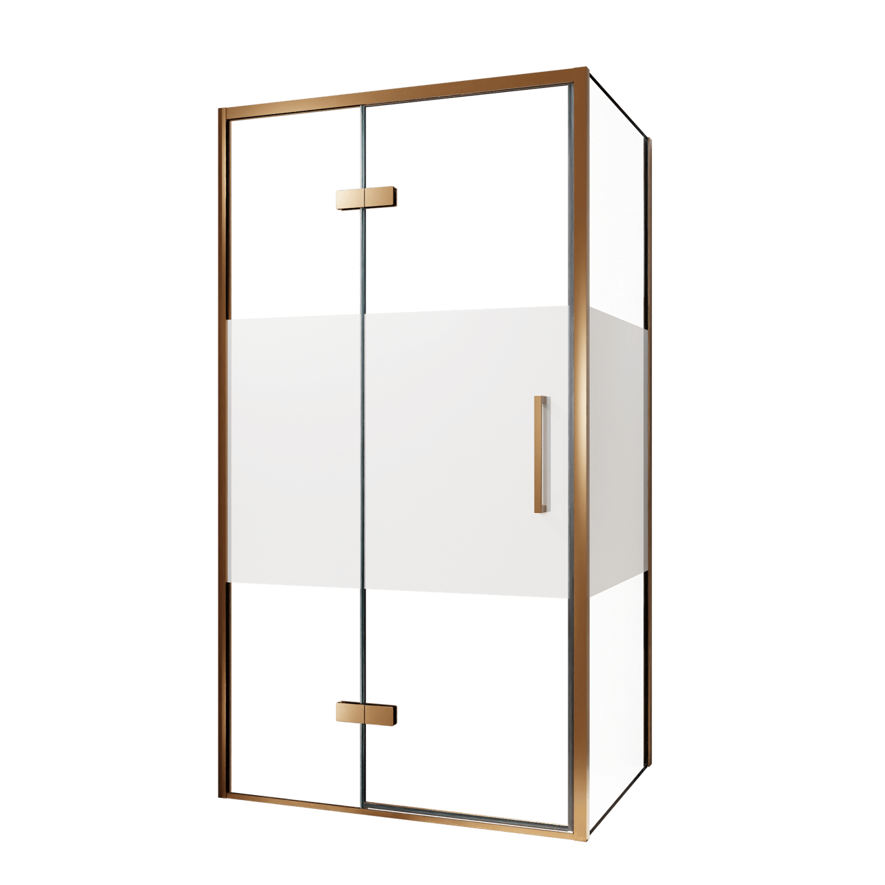 Balmani Senses Design douchehoek met linkse draaideur en vaste zijwand, 100 x 100 cm, Helder glas met matte strook, Brushed Rosegold profielen
