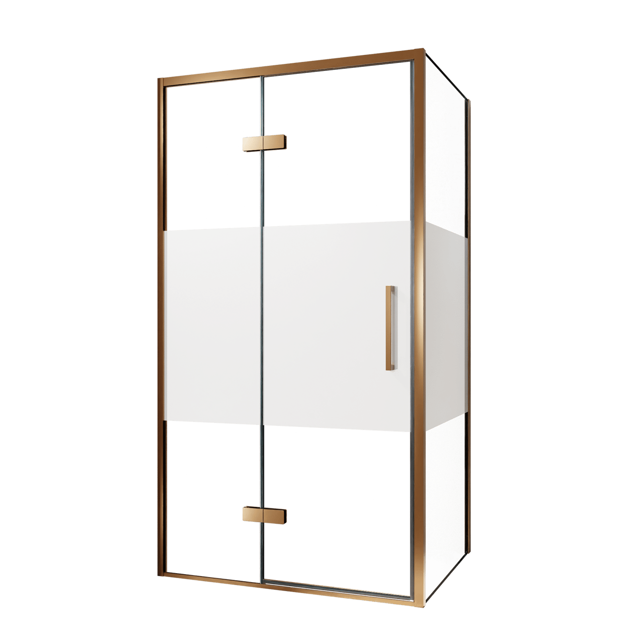 Balmani Senses Design douche en coin avec porte pivotante à gauche et paroi latérale fixe, 100 x 80 cm, Verre transparent avec bande matte, Profil Brushed Rosegold, coating inclus
