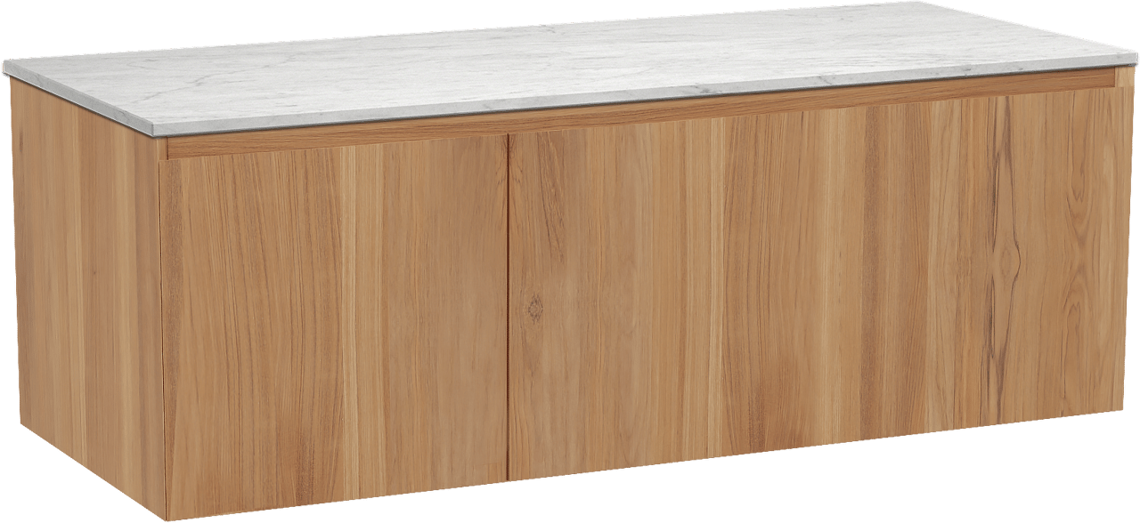 Balmani Idra hängendes Möbelstück Set: 135 x 55 cm, Teak, mit Stretto Einzel- oder Doppel Waschtischplatte, Marmor Carrara