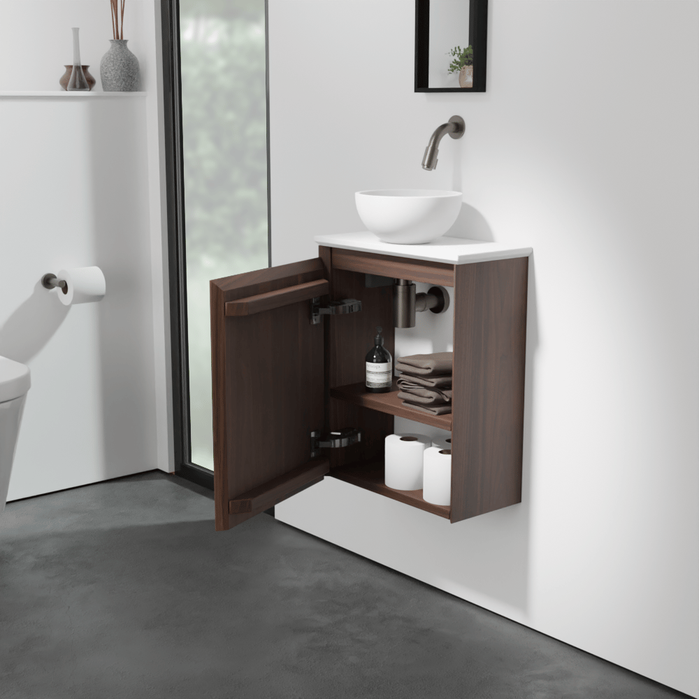 Balmani Mitra meuble wc suspendu 42 x 21 cm noyer américain avec Facetta tablette et Jazz vaque à poser en mat Solid Surface