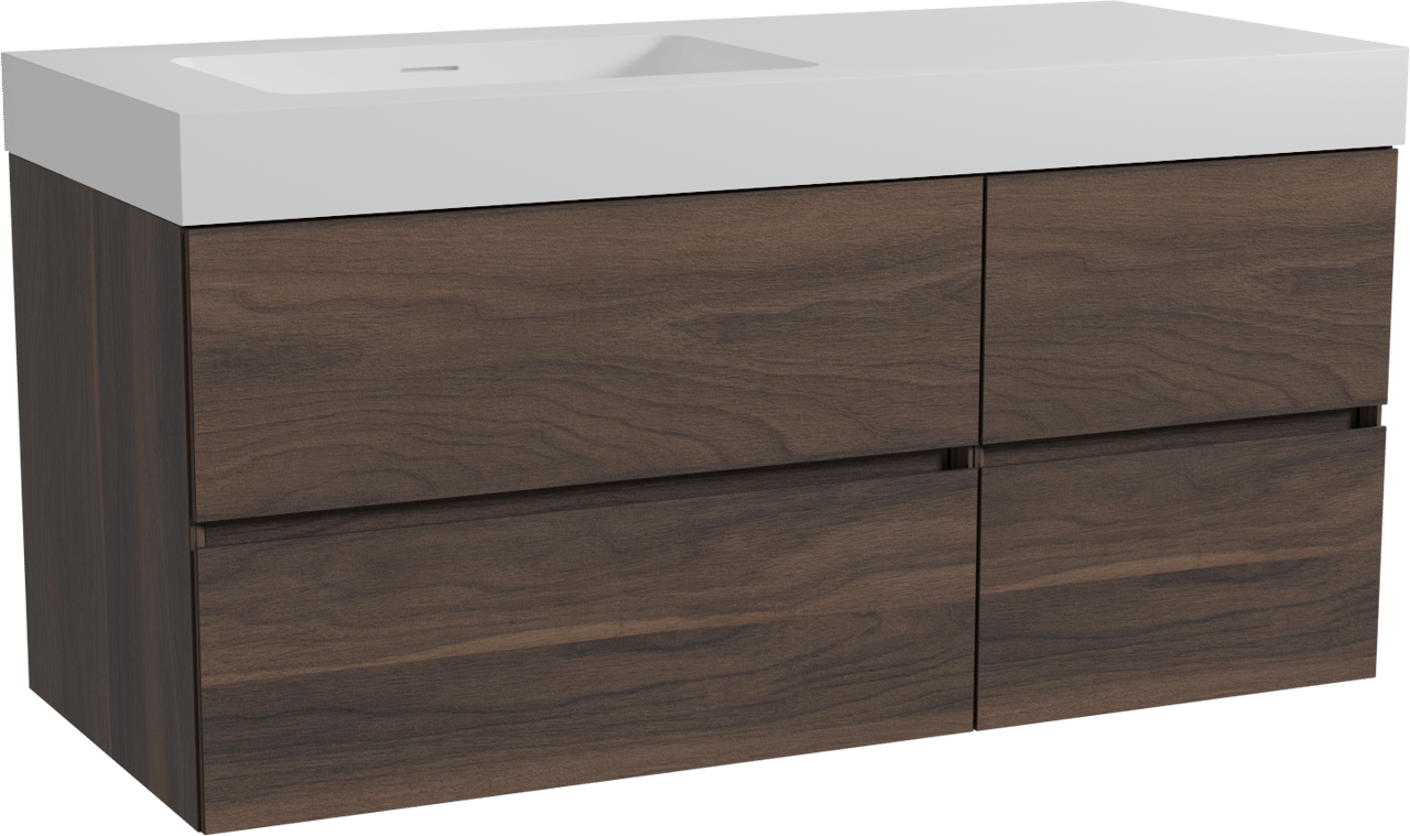 Storke Edge hängendes Möbelstück Set: 120 x 52 cm, Nussbaum, mit Mata High Waschtisch links, Solid Surface Weiß matt