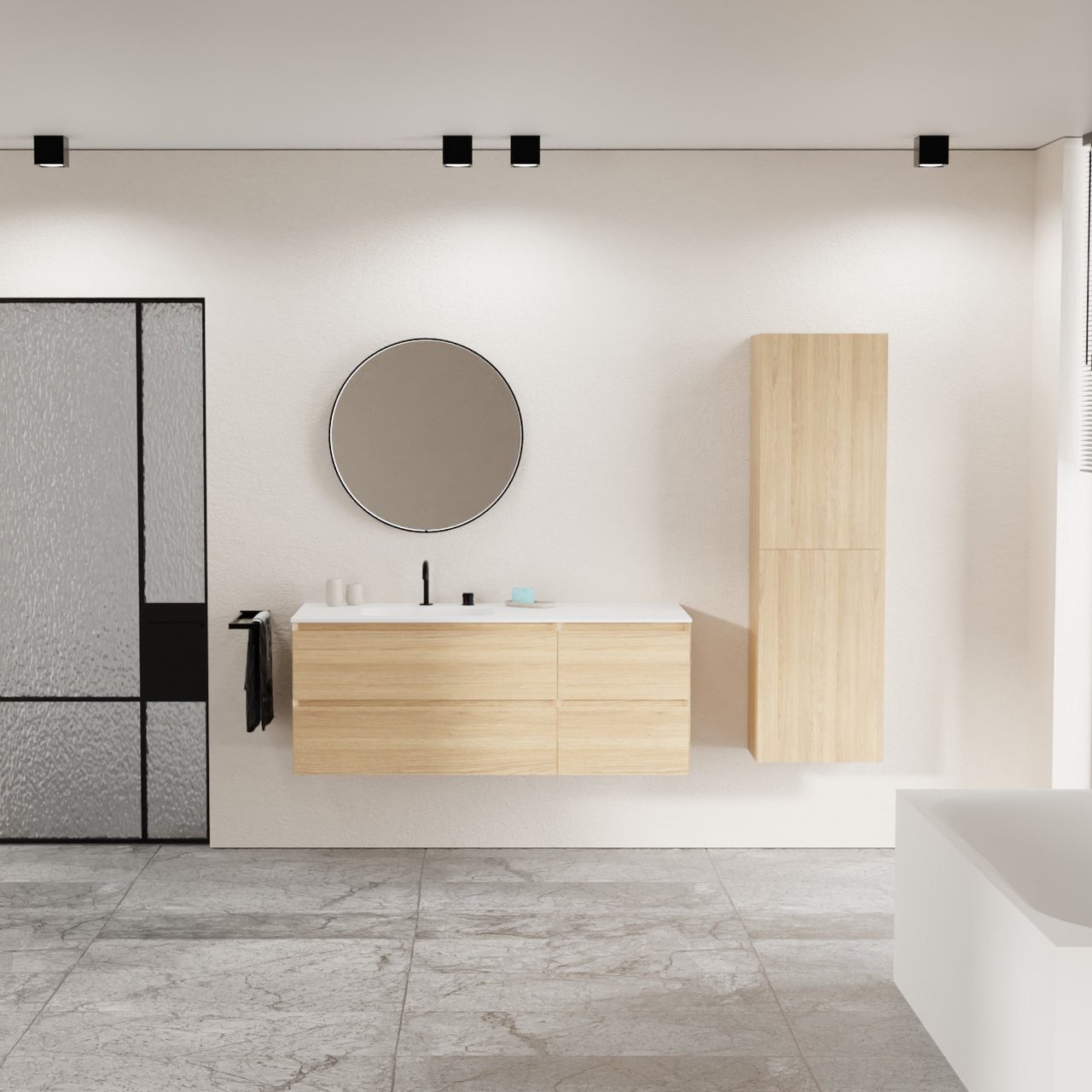 Balmani Mitra hängendes Möbelstück Set: 135 x 55 cm, Naturbelassene Eiche, mit Tablo Arcato Waschtisch links, Solid Surface Weiß matt