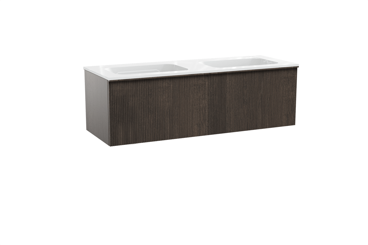 Balmani Forma zwevend badkamermeubel 150 x 55 cm gerookte eik met Tablo Strada dubbele wastafel in composietmarmer glanzend wit, Verticale symmetrische rechte ribbel