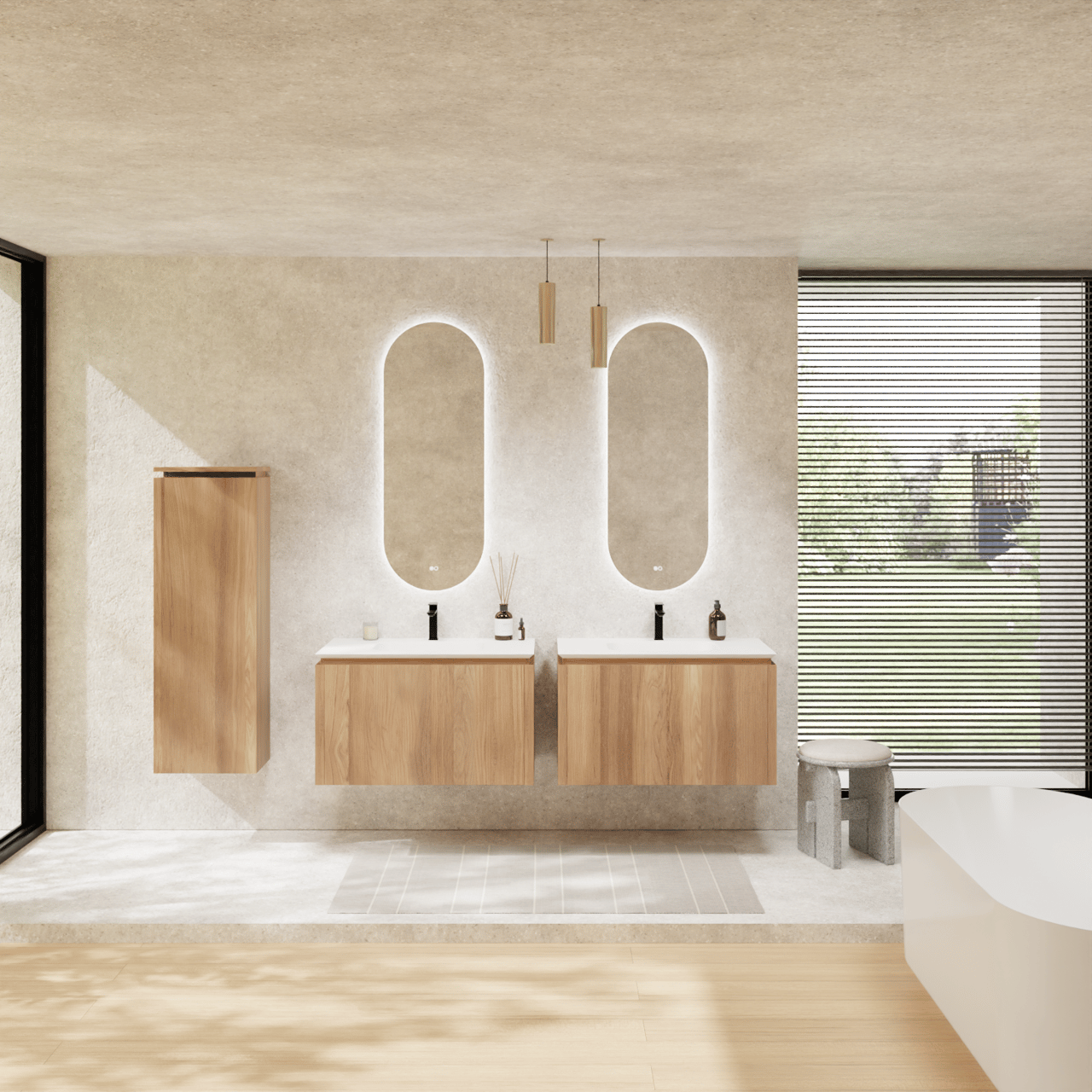 Balmani Eclips meuble salle de bains suspendu 90 x 55 cm Teck avec Eclips plan simple en Solid Surface blanc mat