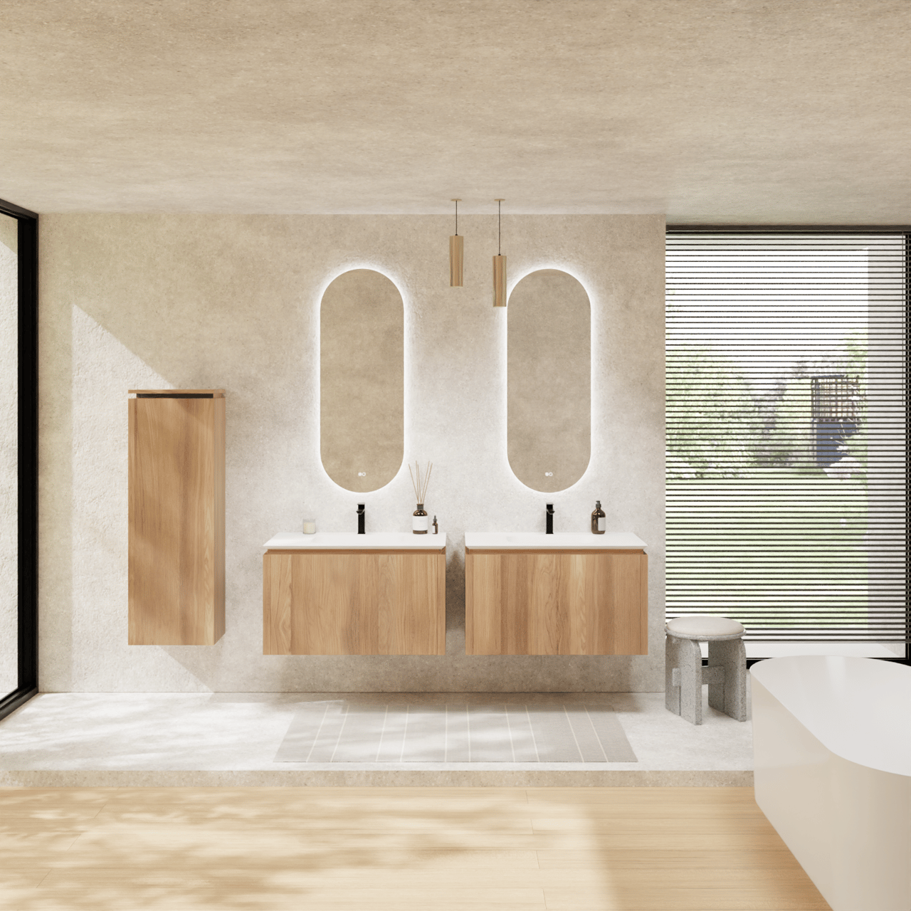 Balmani Eclips zwevend badkamermeubel 90 x 55 cm Teak met Eclips enkele wastafel in Solid Surface mat wit