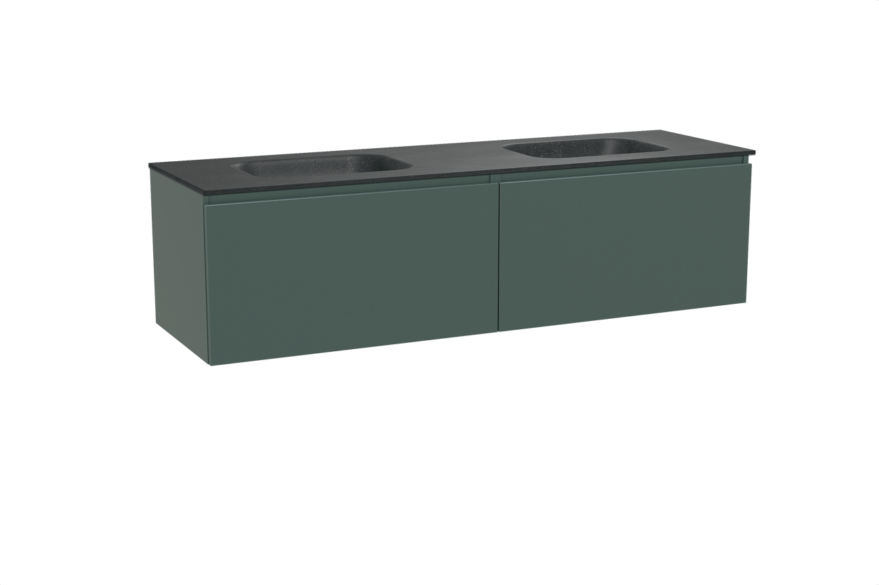 Balmani Sfera hängendes Möbelstück Set: 180 x 55 cm, Forest, mit Tablo Arcato Doppelwaschtisch, Schwarzes Granit