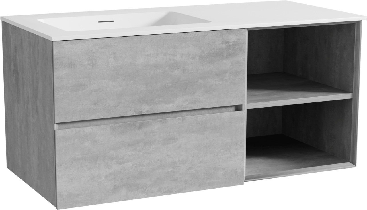 Storke Edge meuble salle de bains suspendu 110 x 52 cm béton gris foncé avec Mata plan vasque asymétrique à gauche en solid surface blanc mat