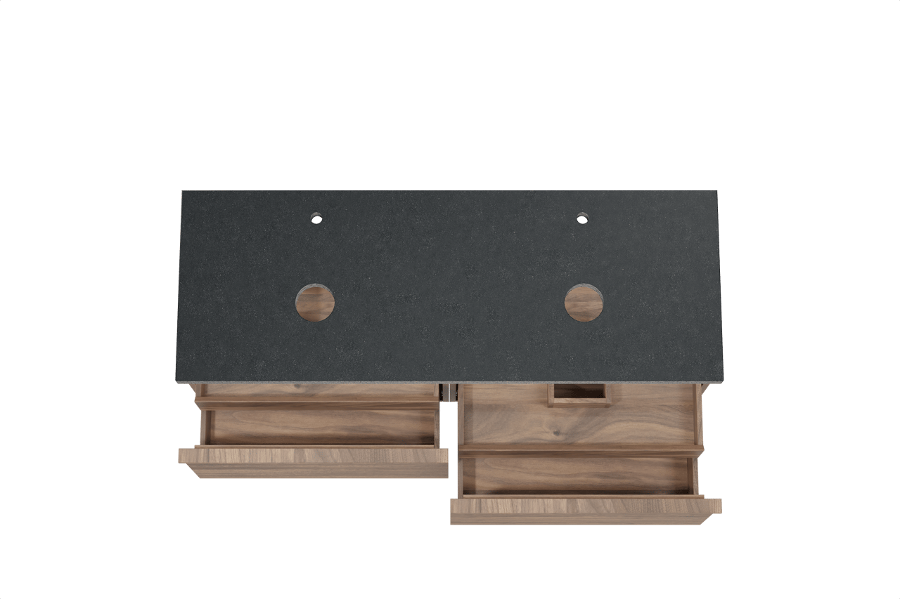 Balmani Forma zwevend badmeubel 150 x 55 cm amerikaans notenhout met Rock dubbel wastafelblad in zwart graniet, Horizontale symmetrische rechte ribbel