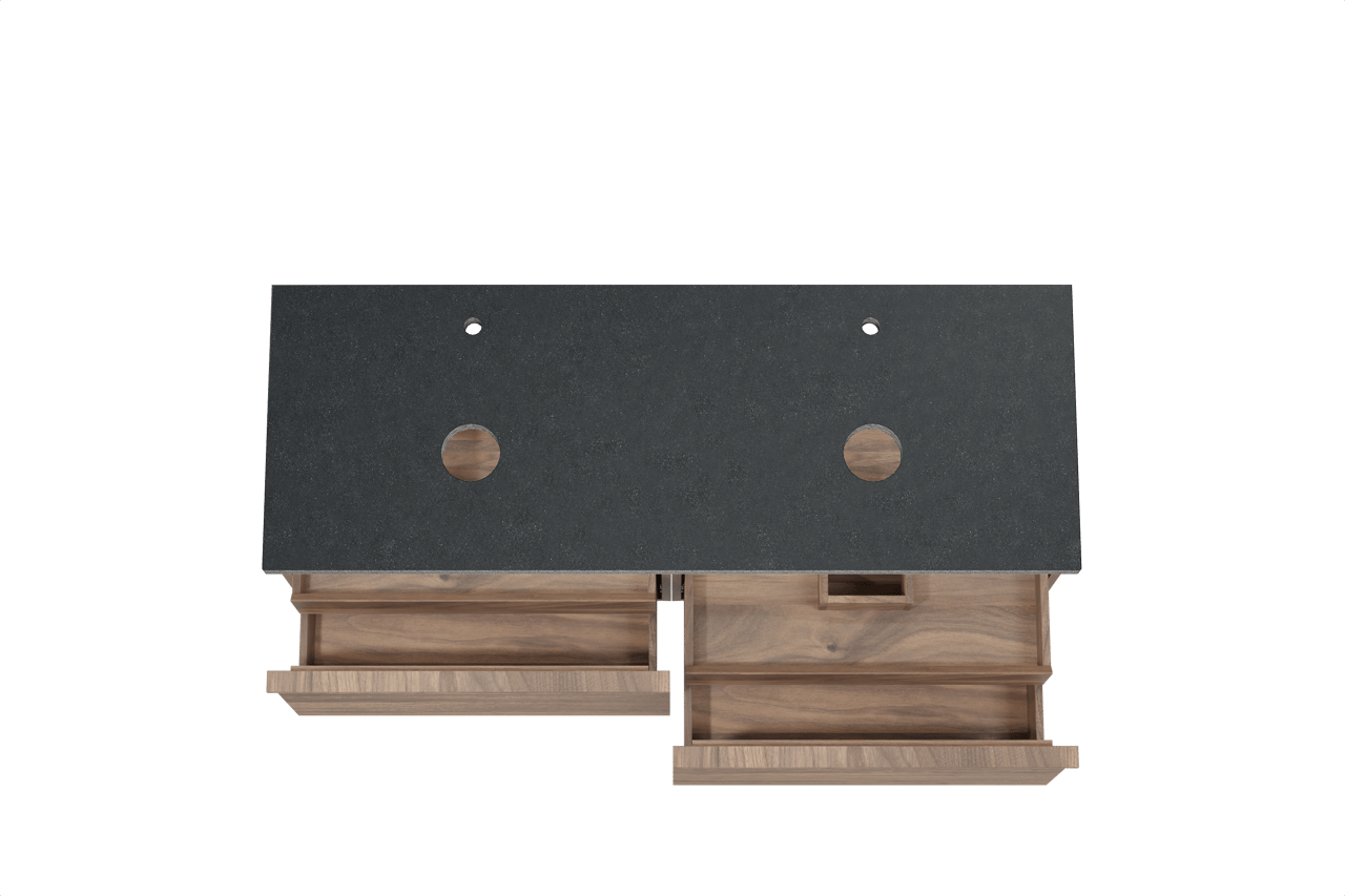 Balmani Forma zwevend badkamermeubel 150 x 55 cm amerikaanse notelaar met Rock dubbel tablet in graniet zwart, Horizontale symmetrische rechte ribbel