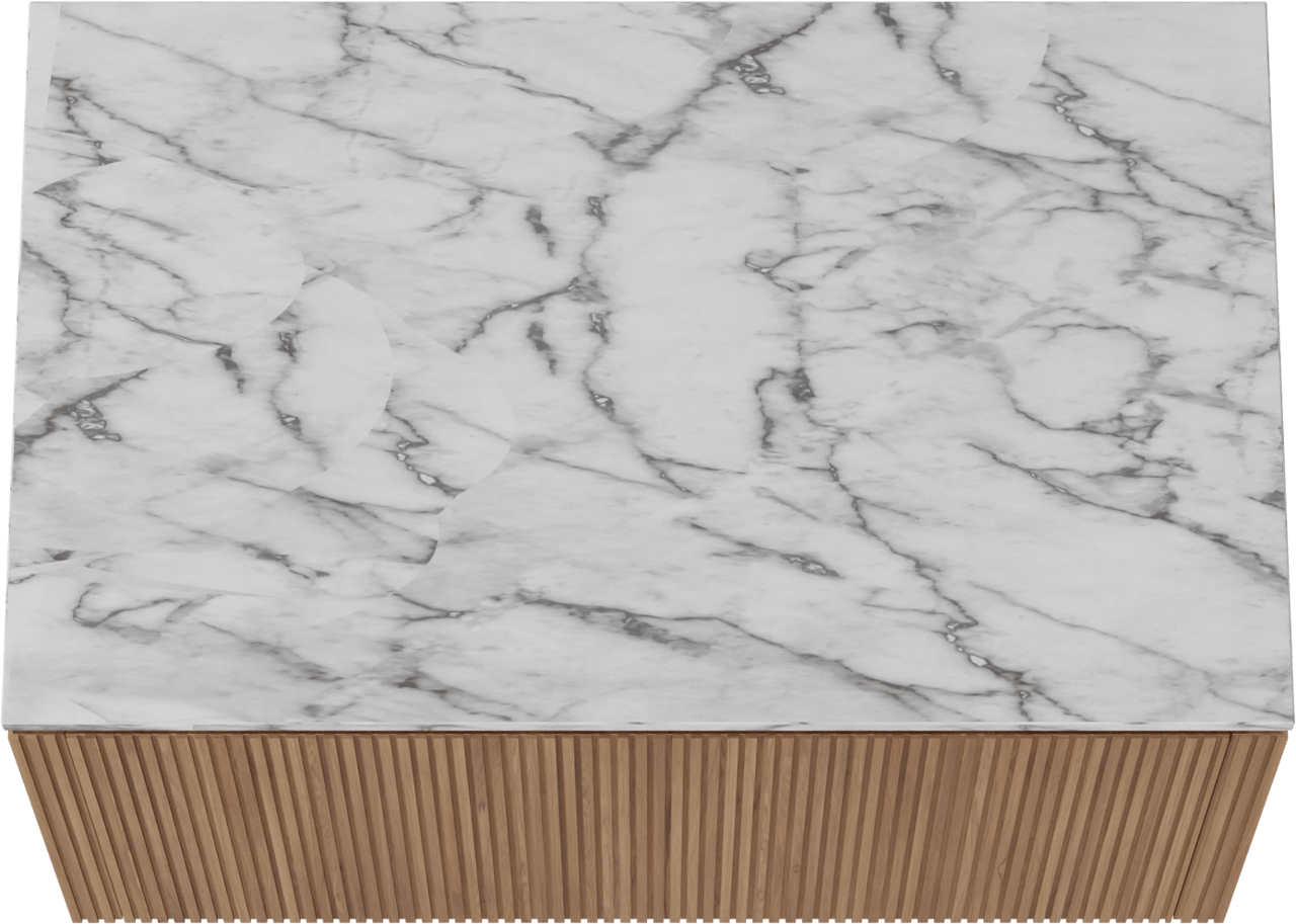 Balmani Eclips hängendes Möbelstück Set: 90 x 55 cm, Teak, mit Stretto Einzel Waschtischplatte Carrara-Marmor, Vertikale symmetrische gerade Rippe