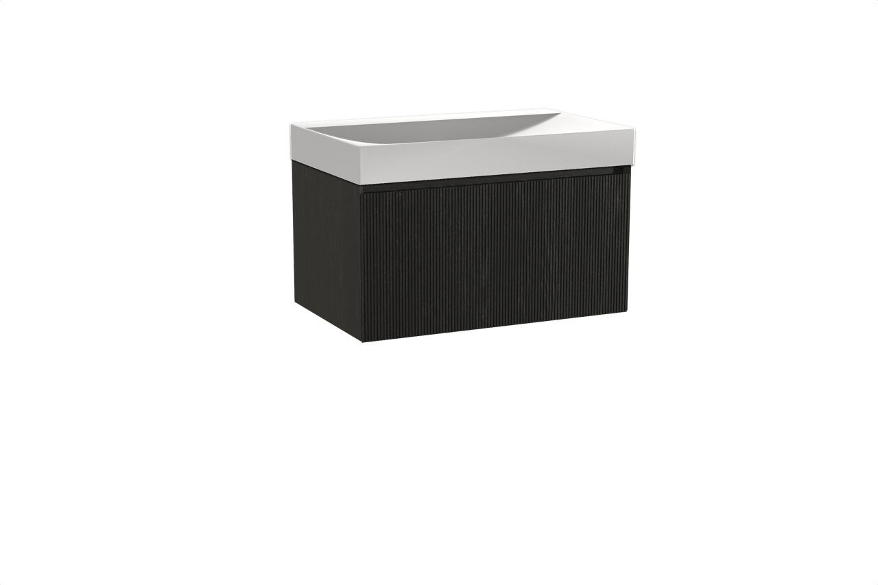 Balmani Fila zwevend badkamermeubel 90 x 55 cm zwarte eik met Wave enkele wastafel in solid surface mat wit, Verticale symmetrische rechte ribbel