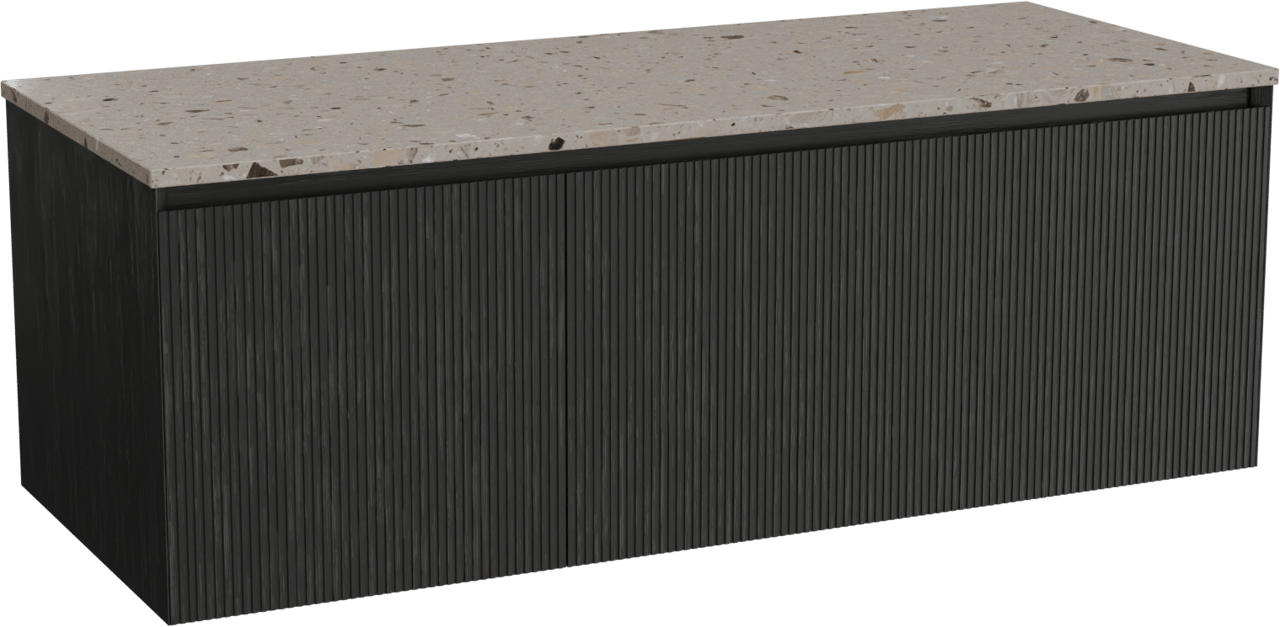 Balmani Fila hängendes Möbelstück Set: 135 x 55 cm, Schwarze Eiche, mit Stretto Einzel- oder Doppel Waschtischplatte, Terrazzo in Greige, Vertikale symmetrische gerade Rippe