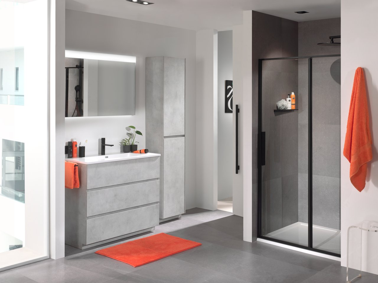 Storke Edge stehender Bad-Unterschrank 100 x 46 cm Beton silbergrau 3 Schubladen