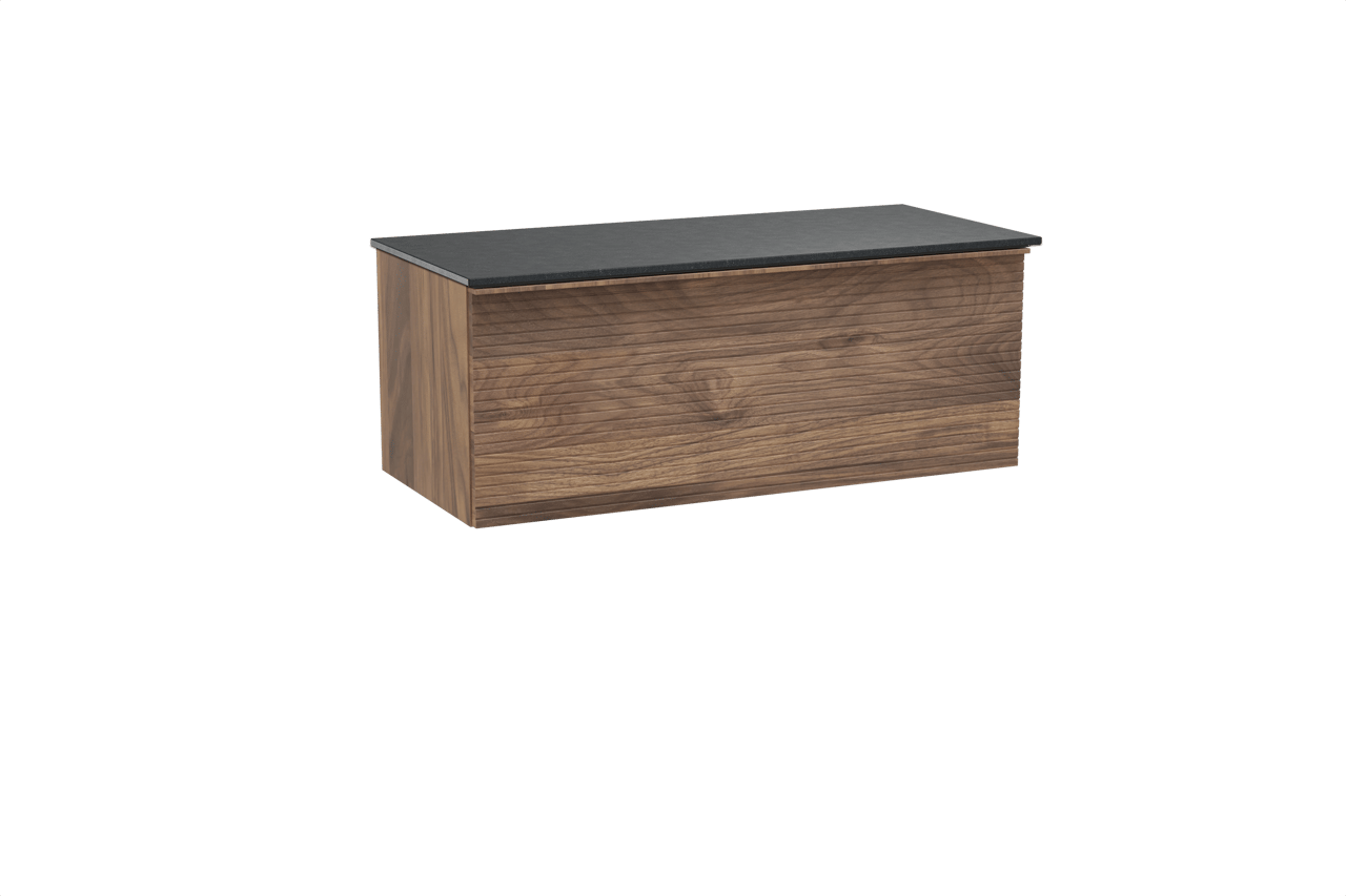 Balmani Forma meuble salle de bains suspendu 120 x 55 cm noyer américain avec Stretto tablette simple en granit noir, Nervure droite symétrique horizontale