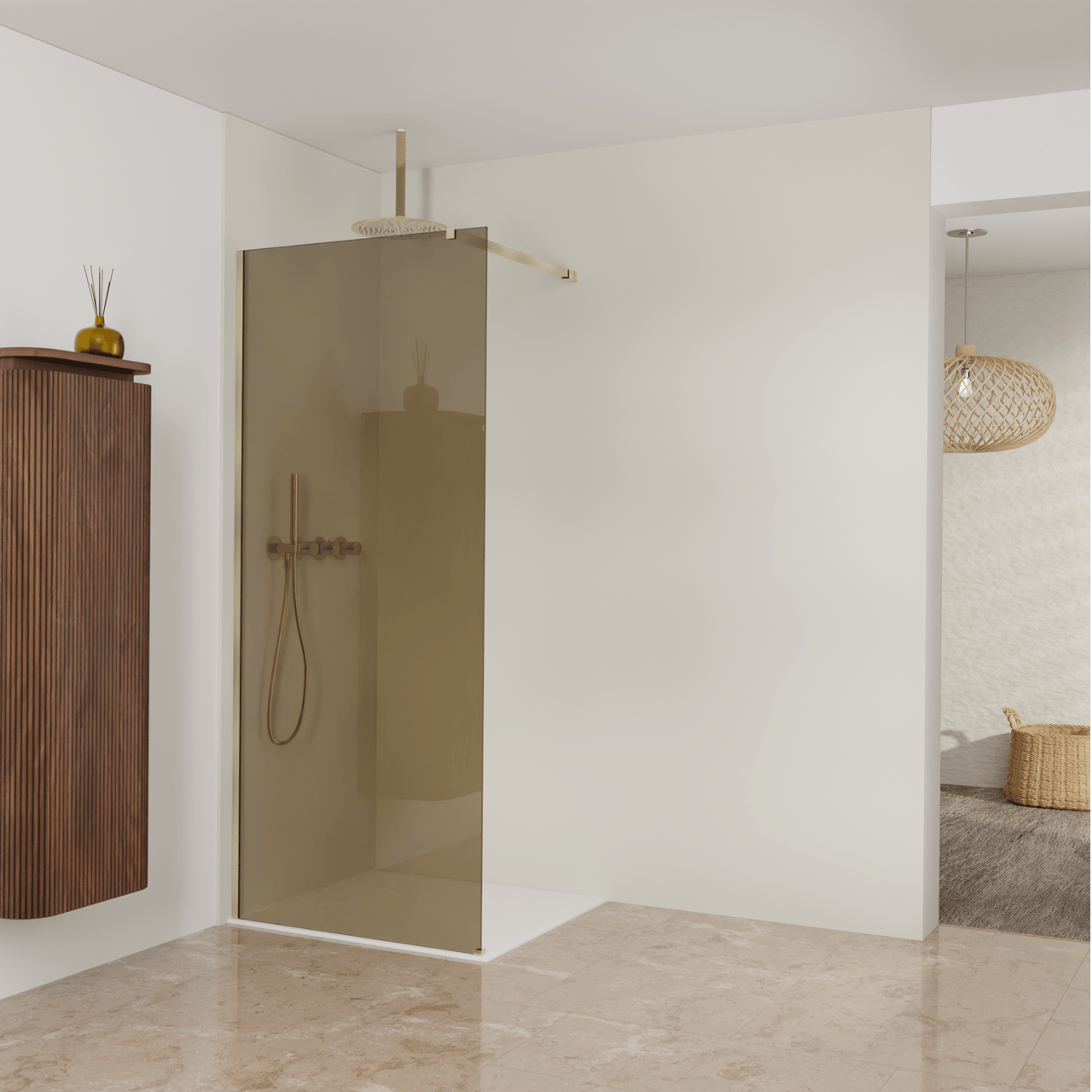Balmani Modular douche à l'italienne: 90 x 200 cm, Verre bronze, avec coating, Profil Brushed Champagne Gold