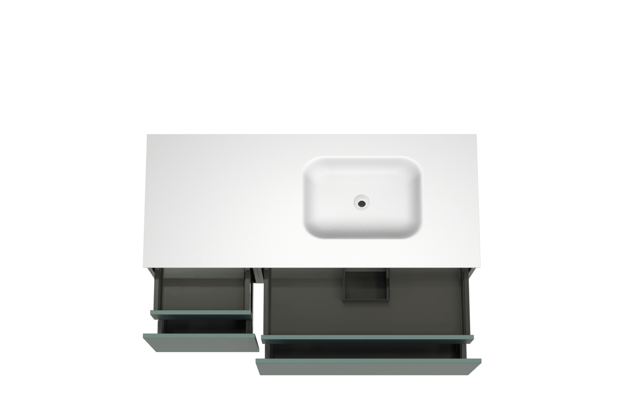 Balmani Sfera meuble salle de bains suspendu 135 x 55 cm forest avec Tablo Arcato vasque asymétrique droite en solid surface blanc mat