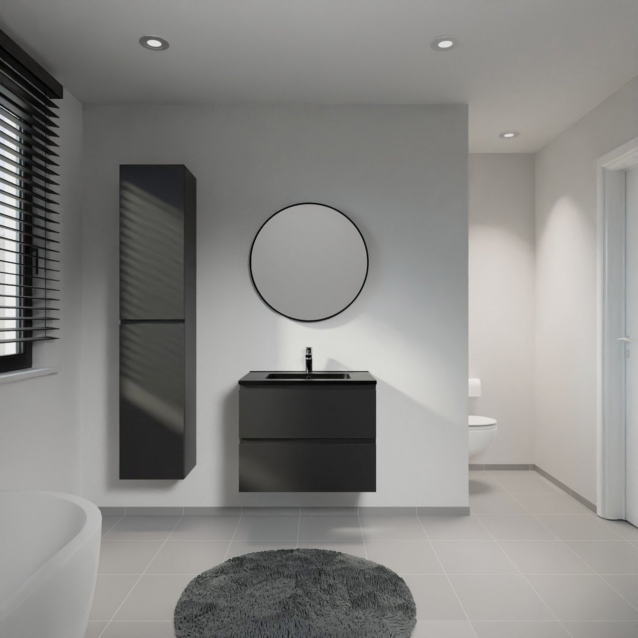 Linie Lado meuble salle de bains suspendu 70 x 46 cm noir mat avec Vano plan simple en marbre composite noir mat