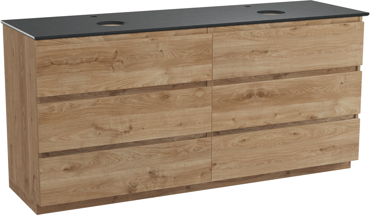 Balmani Lucida staand badmeubel 180 x 55 cm ruw eiken met Facetta dubbel wastafelblad in zwart graniet