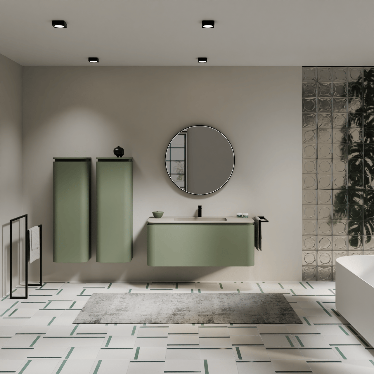 Balmani Moon zwevend badmeubel 130 x 55 cm saliegroen met Moon enkele wastafel in top solid zijdegrijs