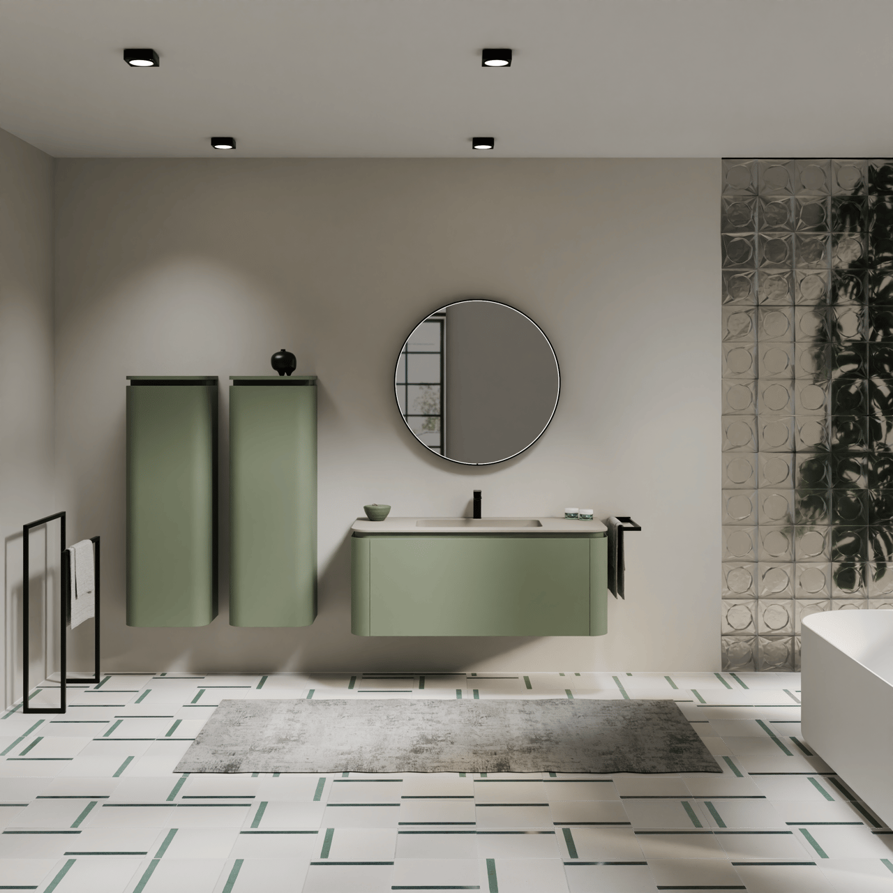 Balmani Moon hängendes Möbelstück Set: 130 x 55 cm, Salbeigrün, mit Moon Einzelwaschtisch, Top Solid Seidengrau