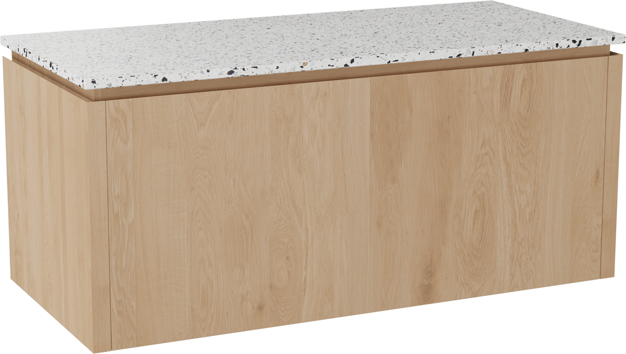 Balmani Eclips meuble salle de bains suspendu 120 x 55 cm Chêne naturelle avec Stretto tablette simple ou double vasque en Bianco Nero Terrazzo