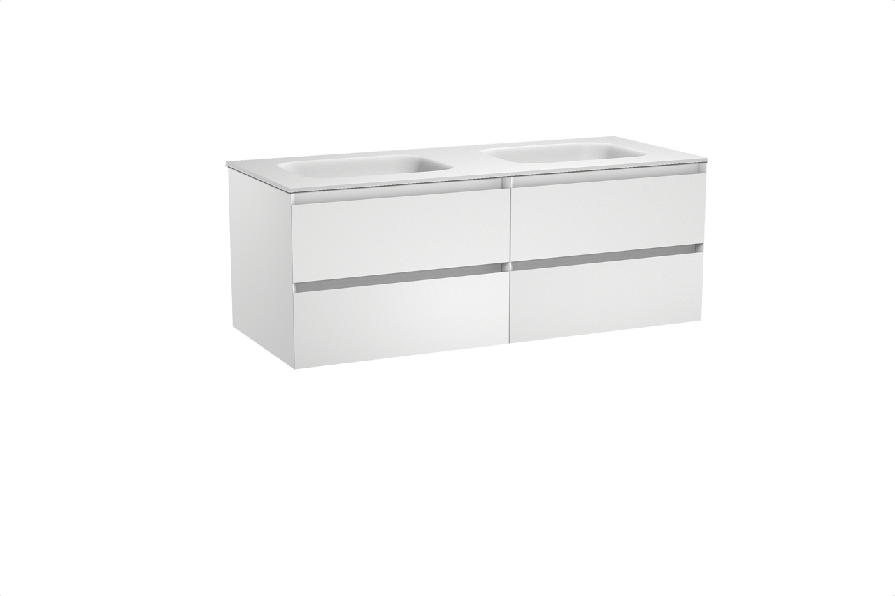 Balmani Mitra hängendes Möbelstück Set: 135 x 55 cm, Weiß matt, mit Tablo Arcato Doppelwaschtisch, Solid Surface Weiß matt