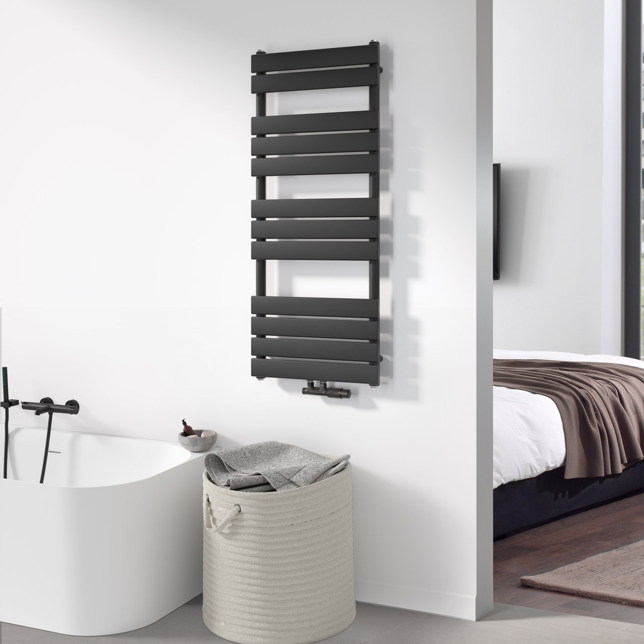 Vipera Vulcan Handtuchheizkörper: 50 x 120 cm, Zentralheizung, Schwarz matt, Seiten- & Mittelanschluss, 734W