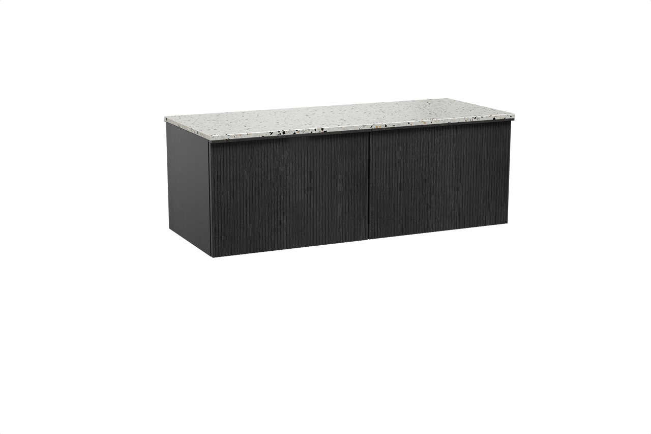 Balmani Forma meuble salle de bains suspendu 135 x 55 cm chêne noir avec Stretto tablette simple ou double en blanc/noir mat terrazzo, Nervure droite symétrique verticale