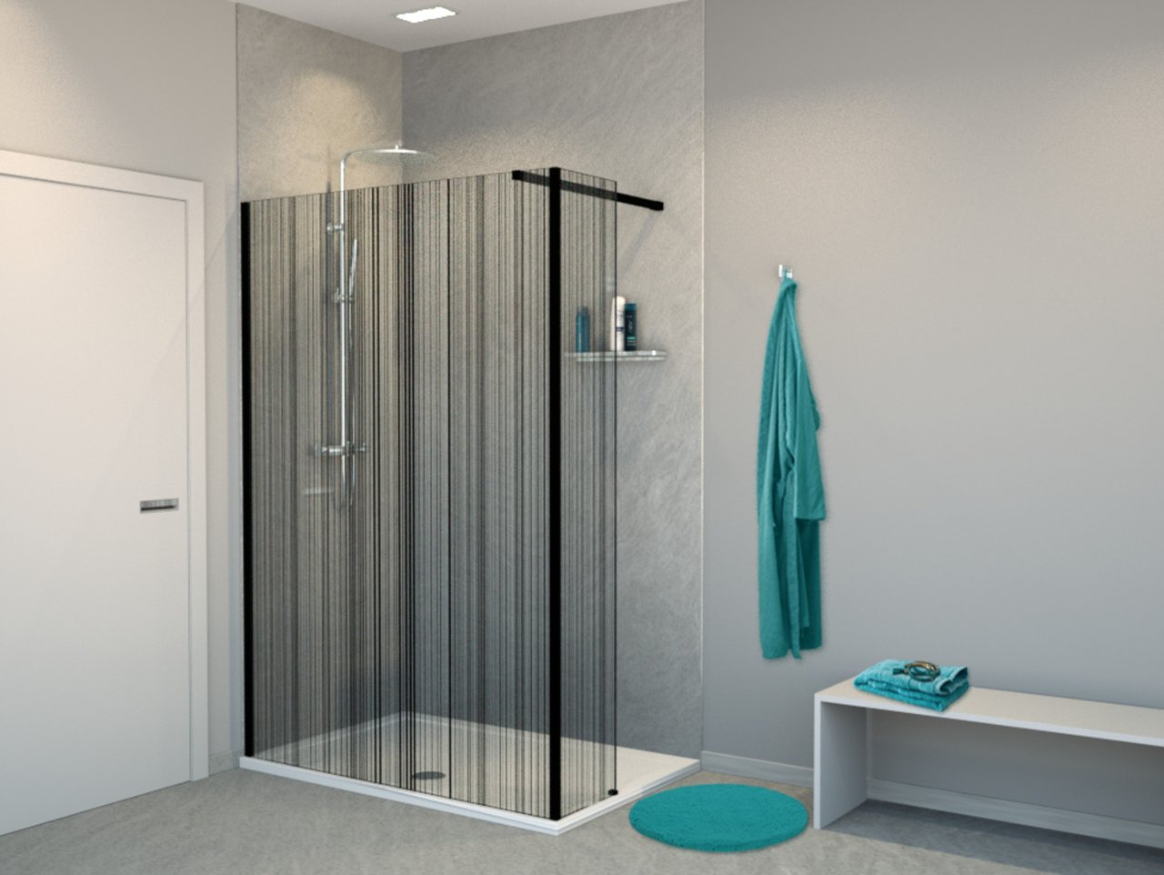 Balmani BMSS douche à l'italienne avec paroi latéral fixe 140 x 200 cm verre code barre noir profil noir mat