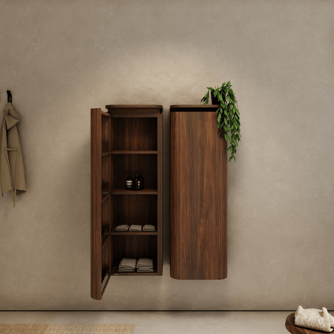 Balmani Moon zwevend badkamerkast rechts Amerikaanse notelaar 44 x 32 x 130 cm