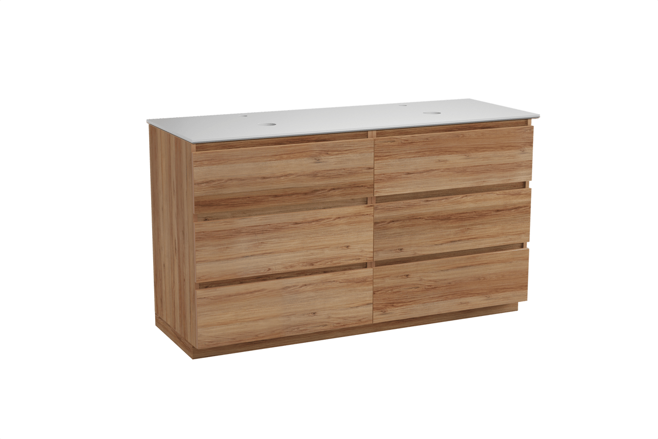 Balmani Lucida meuble salle de bains à poser 150 x 55 cm teck avec Facetta tablette double en solid surface blanc mat