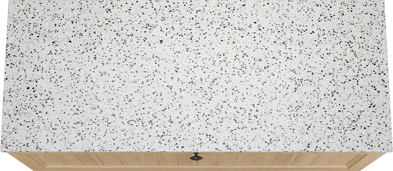 Balmani Lemon zwevend badkamermeubel 135 x 55 cm, fineer natuur eik met Stretto enkel of dubbel tablet in mat wit/zwart terrazzo