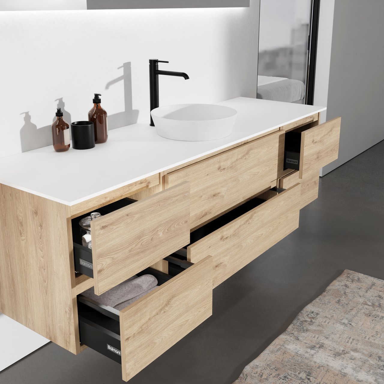 Balmani Lucida zwevend badkamermeubel 180 x 55 cm ruwe eik met Stretto enkel of dubbel tablet in solid surface mat wit