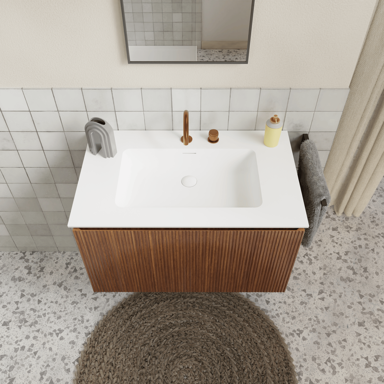 Storke Ribs meuble sous-lavabo suspendu 85 x 52 cm noyer 2 tiroirs