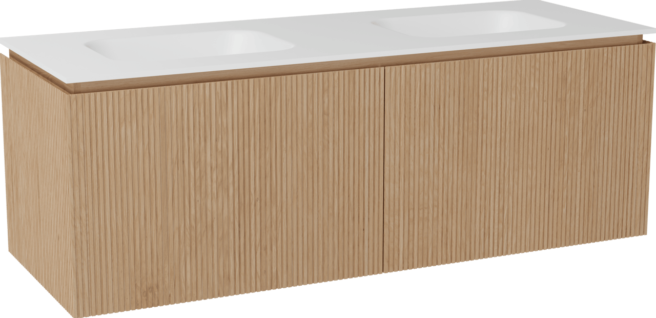 Balmani Eclips hängendes Möbelstück Set: 150 x 55 cm, Eiche Natur, mit Tablo Arcato Doppelwaschtisch Solid Surface Weiβ matt, Vertikale symmetrische gerade Rippe