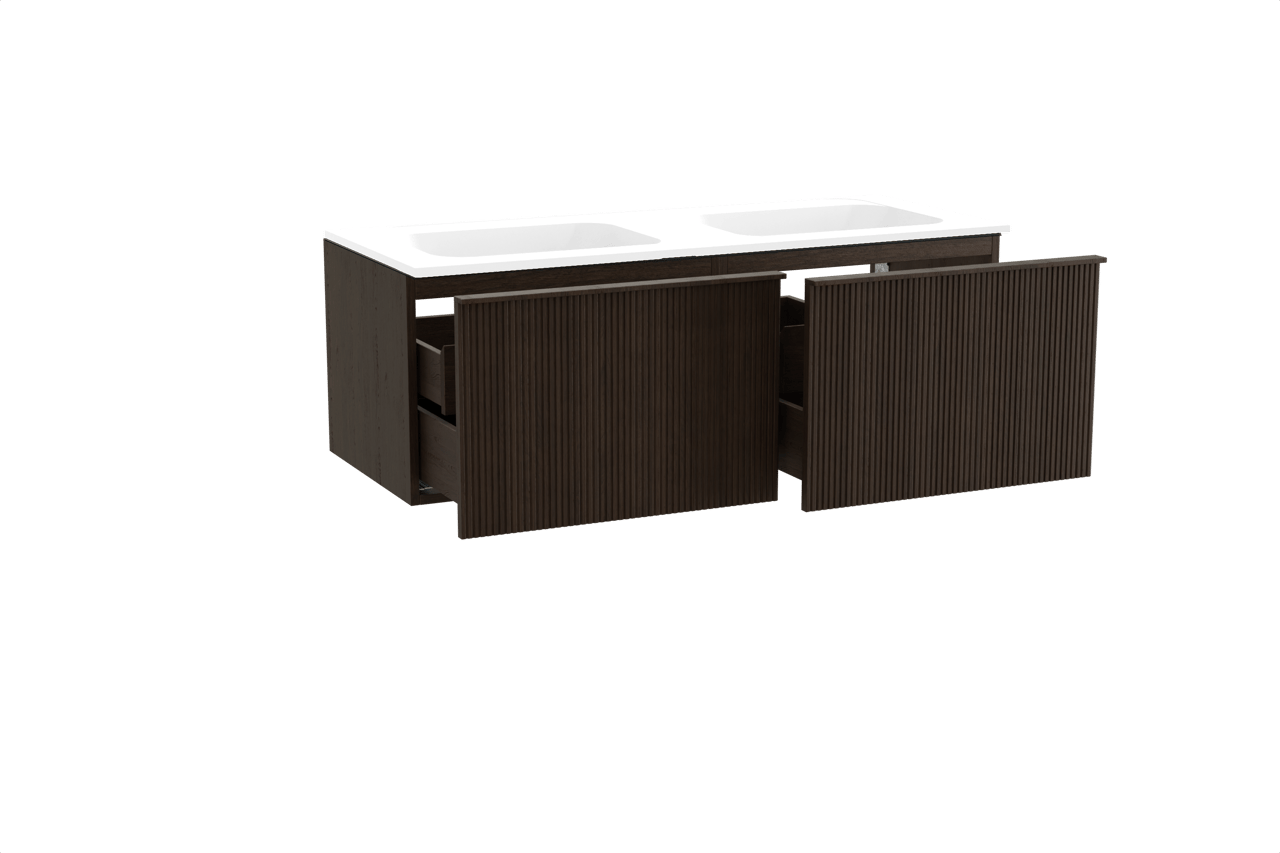 Balmani Forma zwevend badkamermeubel 135 x 55 cm gerookte eik met Tablo Strada dubbele wastafel in composietmarmer mat wit, Verticale symmetrische rechte ribbel