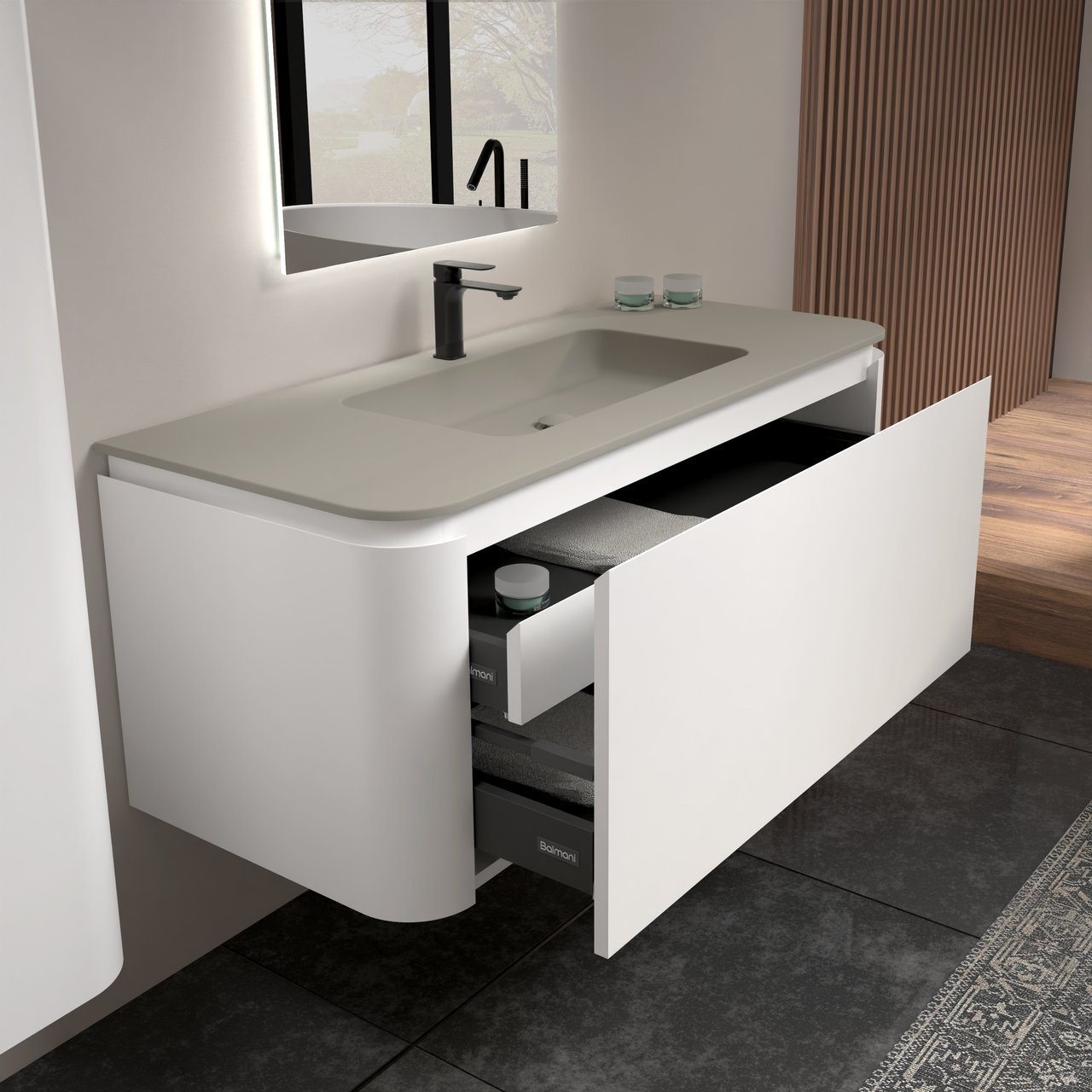 Balmani Moon meuble salle de bains suspendu 130 x 55 cm blanc mat avec Moon plan simple en top solid soie grise