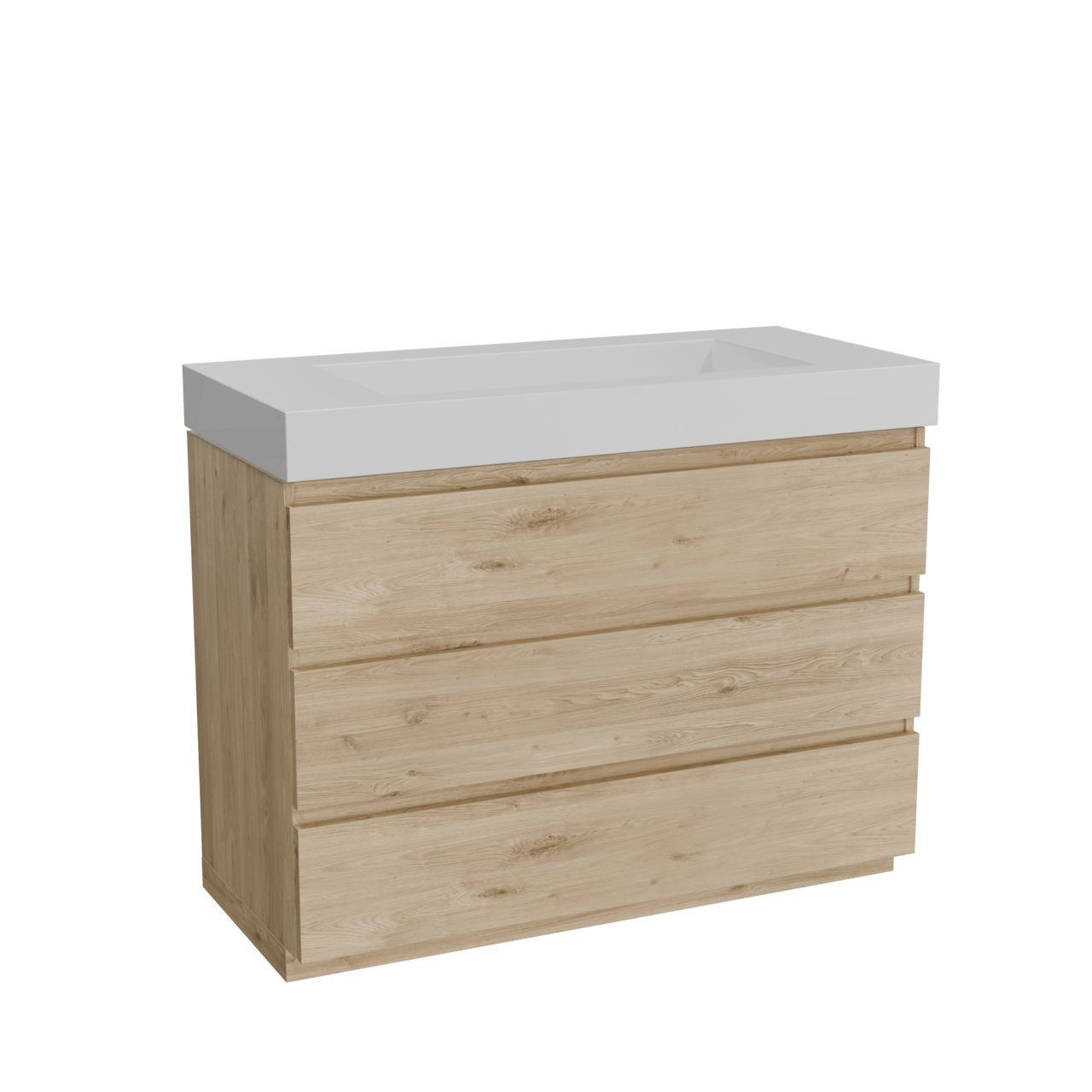 Balmani Lucida freistehendes Möbelstück Set: 120 x 55 cm, Rohe Eiche, mit Modus Einzelwaschtisch für 2 Armaturenlöcher, Solid Surface Weiß matt