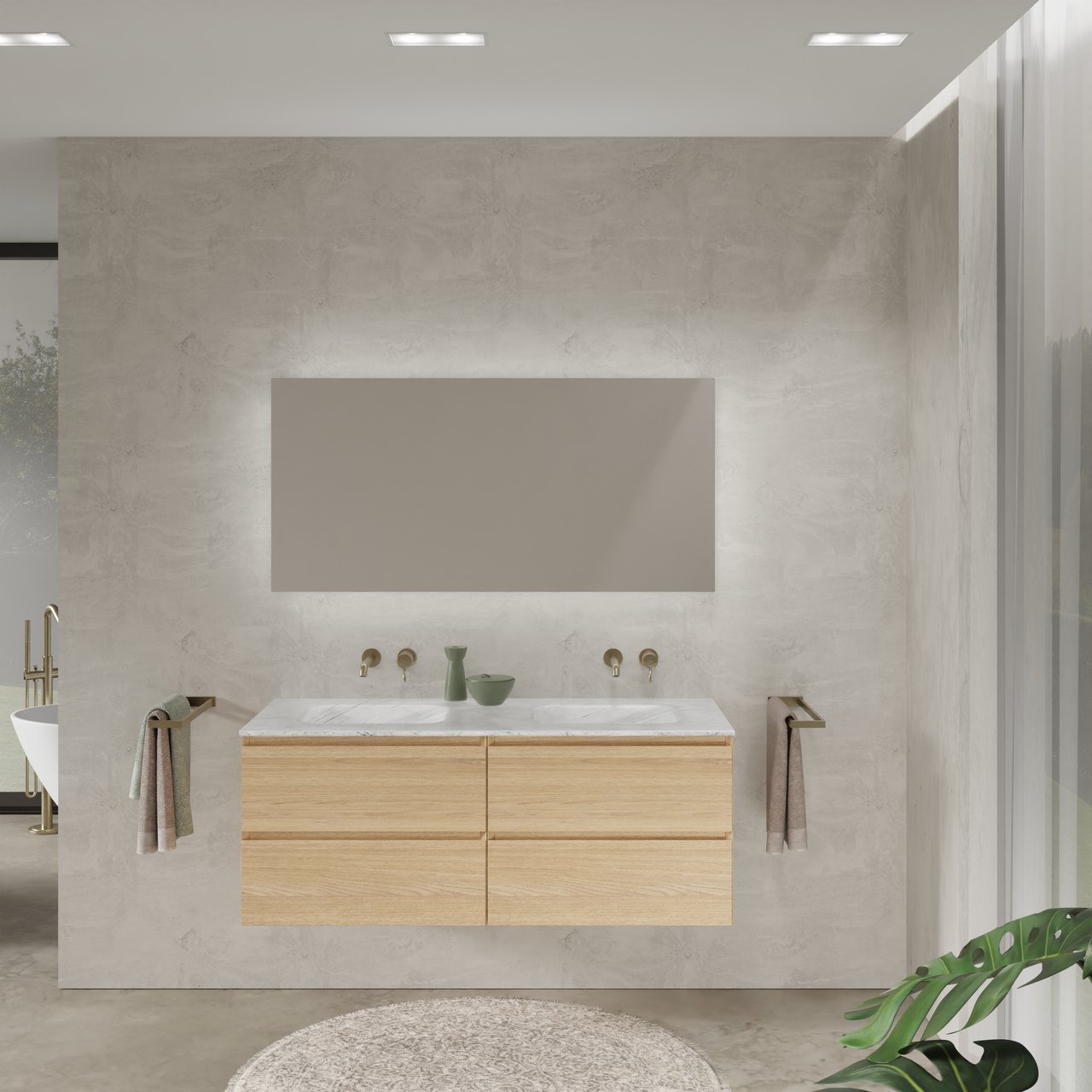 Balmani Mitra meuble salle de bains suspendu 135 x 55 cm chêne naturel avec Tablo Arcato double vasque en marbre carrare et Giro miroir