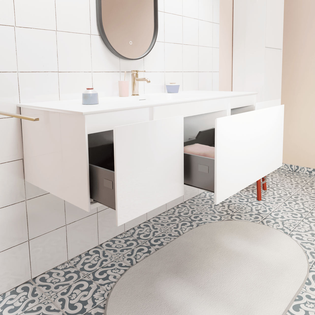 Storke Edge zwevend badkamermeubel 135 x 52 cm glanzend wit met Mata enkele wastafel in solid surface mat wit