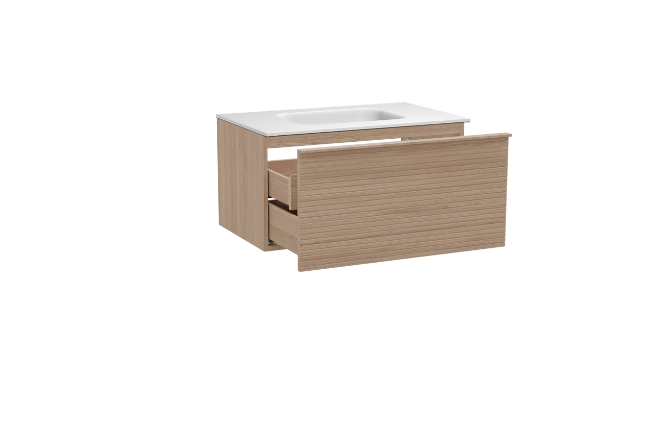 Balmani Forma zwevend badkamermeubel 90 x 55 cm natuur eik met Tablo Arcato enkele wastafel in solid surface mat wit, Horizontale symmetrische rechte ribbel