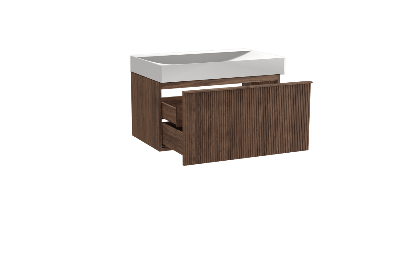 Balmani Forma meuble salle de bains suspendu 90 x 55 cm noyer américain avec Wave plan simple en solid surface blanc mat, Nervure droite symétrique verticale