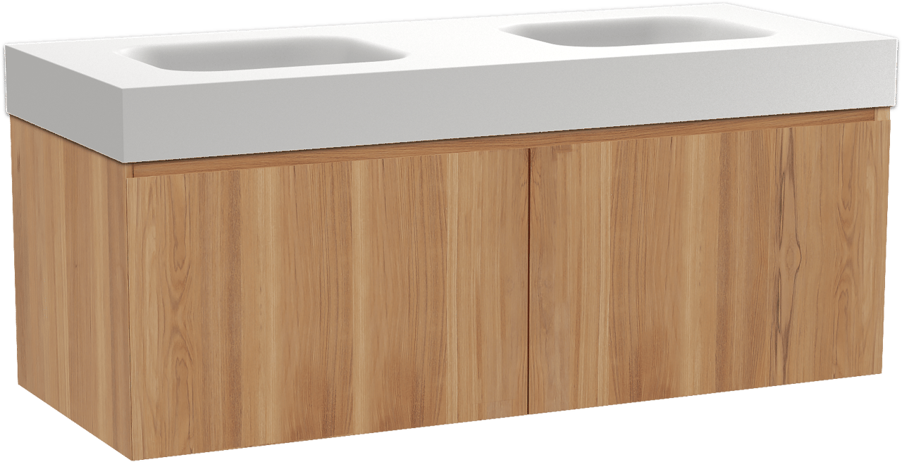 Balmani Idra meuble salle de bains suspendu 135 x 55 cm teck avec Arcato double vasque en solid surface blanc mat